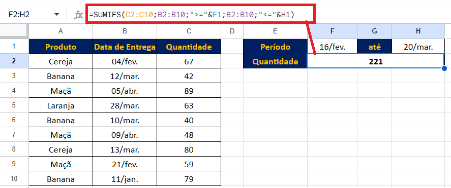 Soma de valores dentro de um intervalo de datas em uma planilha