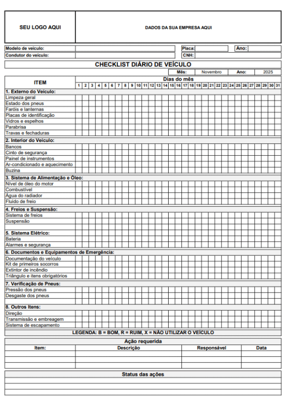 Modelo de Checklist Diário de Veículo no Excel Checklist Diário de Veículo