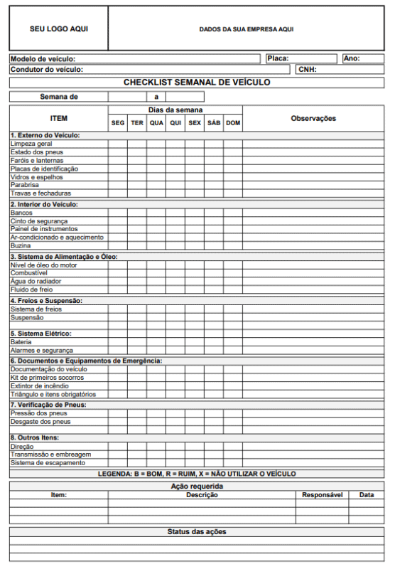 Modelo de Checklist Semanal de Veículo no Excel Checklist Semanal de Veículo