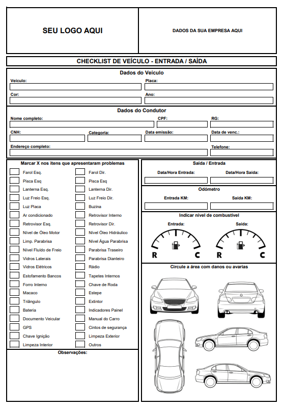 Checklist de Entrada e Saída de Veículos no Excel Modelo de Checklist de Entrada e Saída de Veículos
