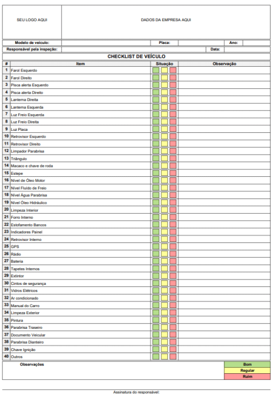 Checklist de Veículo Simplificado no Excel Modelo de checklist para imprimir