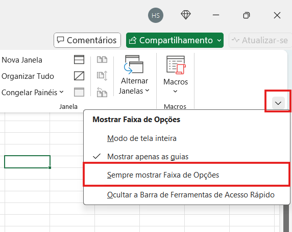 Opções de exibição da faixa de opções no Excel