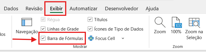 Opção para exibir barra de fórmulas no Excel pela guia "Exibir"