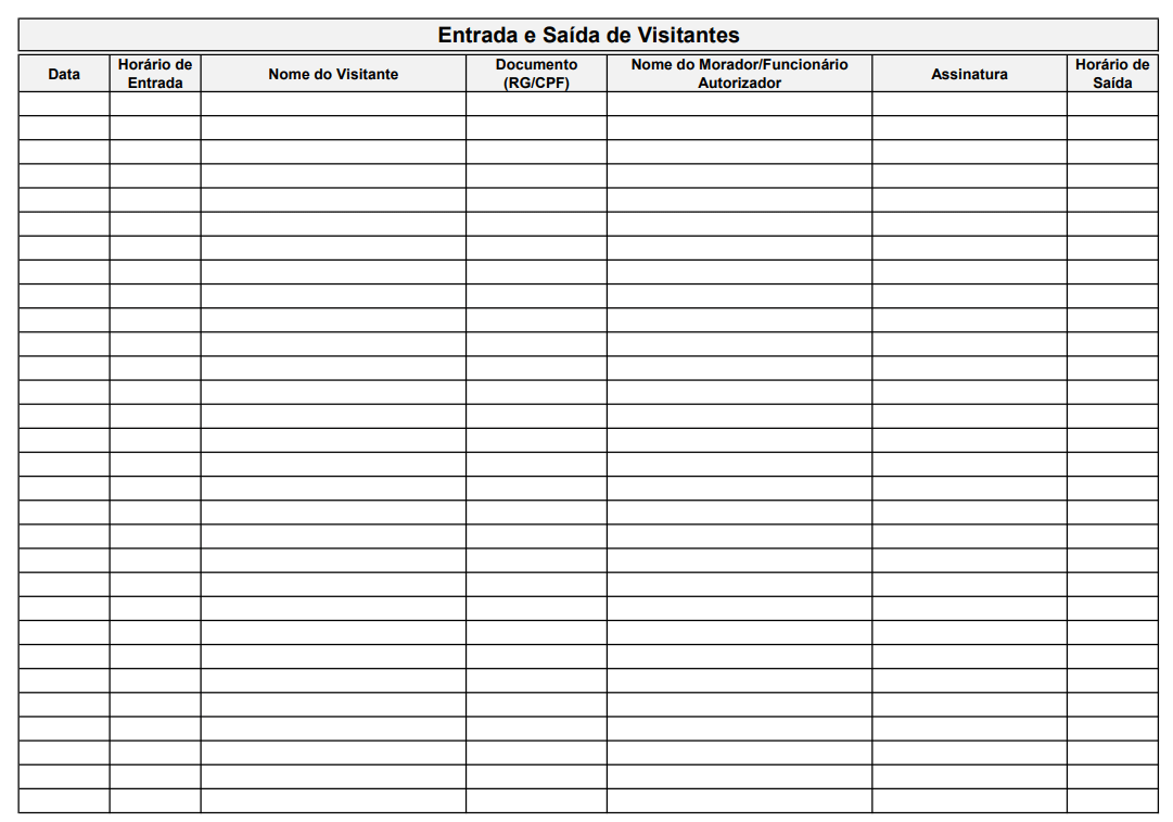Exemplo de uma planilha de controle de acesso portaria em Excel para livro de entrada e saída de visitantes, com colunas para nome, documento e horário.