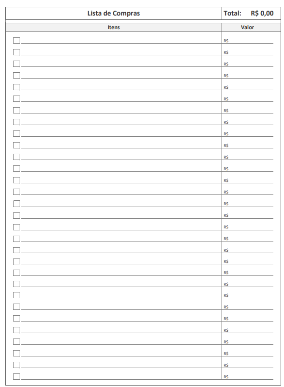 modelo de lista de compras para imprimir