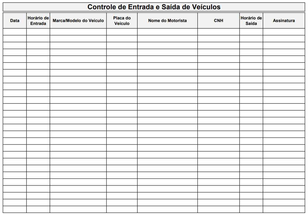 Exemplo de Planilha de Controle de acesso Portaria. Modelo de planilha em Excel para controle de acesso de veículos, exibindo colunas para placa, motorista e horário.