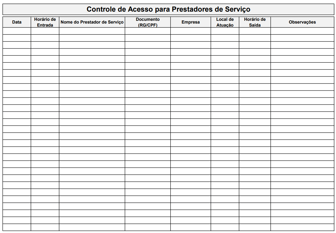 Exemplo de uma planilha de controle de visitantes portaria em Excel para registrar prestadores de serviço, mostrando campos para nome da empresa e local de atuação.