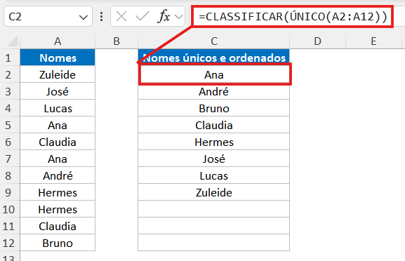 Extrair e ordenar valores únicos