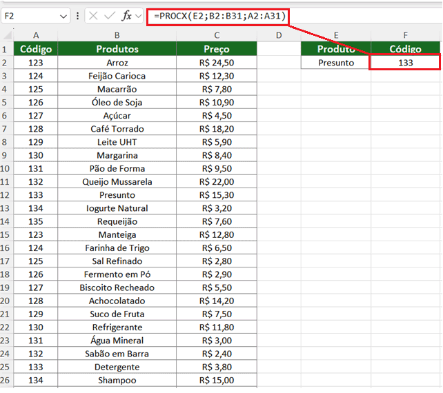 Encontrar valores à esquerda da planilha