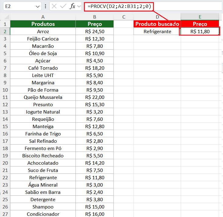 PROCV para realizar busca na planilha