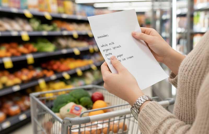 Imagem de uma mulher segurando um modelo de lista de compras dentro do supermercado