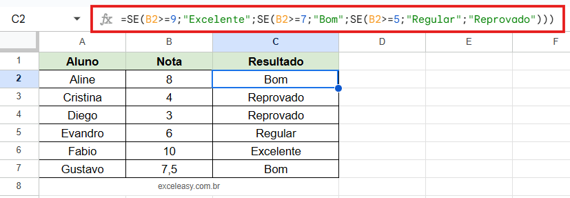 Classificação de notas avançada com SE aninhada no Google Planilhas Demonstração da função SE aninhada no Google Planilhas para classificar notas em quatro categorias: Excelente, Bom, Regular e Reprovado.