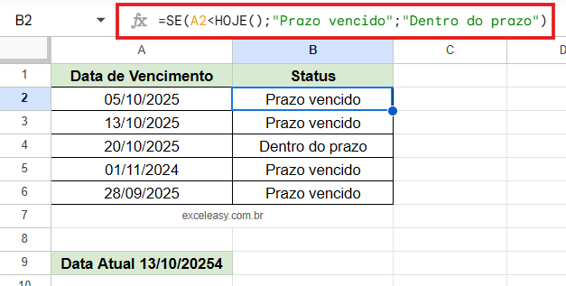 Gerenciamento de prazos e datas com a Função SE e HOJE() Aplicação da função SE e HOJE() para comparar datas de vencimento e classificar o prazo como "Vencido" ou "Dentro do prazo".