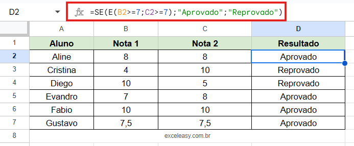 Usando a Função SE e E para testar múltiplas condições simultaneamente Exemplo da função SE combinada com o operador lógico E (AND) para exigir que duas condições de nota sejam verdadeiras para aprovação.