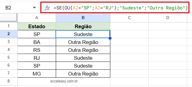 Classificação condicional de dados com a Função SE e OU Uso da função SE combinada com OU (OR) para classificar células como "Sudeste" se o estado for SP ou RJ.