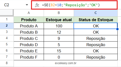 Controle de estoque simplificado com a Função SE: Reposição ou OK Planilha mostrando o uso da fórmula SE para controle de estoque, definindo "Reposição" para níveis baixos e "OK" para níveis adequados.