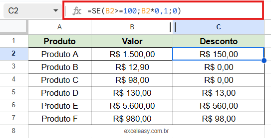 Aplicando a Função SE para realizar cálculos matemáticos e descontos Exemplo de fórmula SE no Google Planilhas retornando um cálculo (10% de desconto) se a condição de vendas for verdadeira.