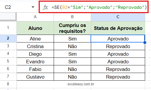 Como usar a Função SE para retornar textos em planilhas Google Uso da função SE para retornar valores de texto ("Aprovado" ou "Reprovado") com base em uma condição textual (célula "Sim").
