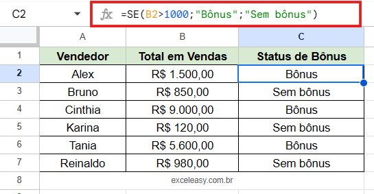 Como calcular bônus de vendas usando a fórmula SE no Google Planilhas Tabela demonstrando a aplicação da função SE para determinar se um vendedor recebe "Bônus" com base em metas de vendas.