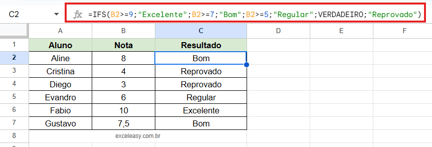 Simplificando múltiplas condições com a Função SES (Ifs) Uso da função SES (Ifs) no Google Planilhas para classificar notas em múltiplos níveis sem a necessidade de aninhar várias funções SE.