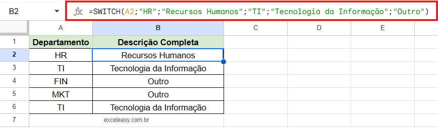 Substituição de valores com a Função SWITCH no Google Planilhas Exemplo da função SWITCH no Google Planilhas traduzindo abreviações de departamentos (HR, TI) para seus nomes completos.