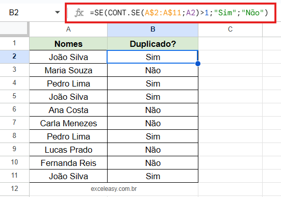 Como usar SE e CONT.SE para checar se um valor é duplicado Combinação das funções SE e CONT.SE no Google Planilhas para identificar e marcar registros duplicados em uma lista de clientes.