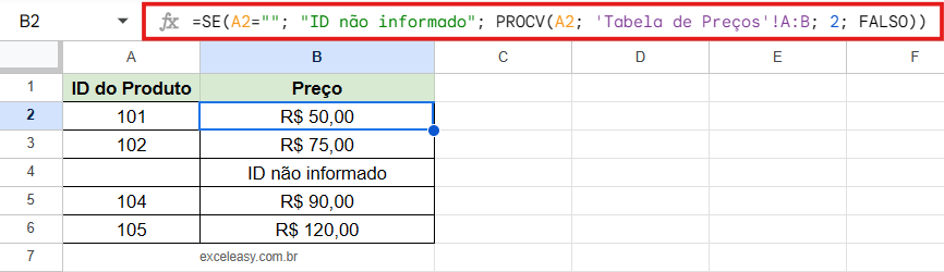 Prevenindo erros de PROCV com a Função SE no Google Planilhas Demonstração da função SE com PROCV, verificando se a célula de busca está vazia antes de executar a busca.