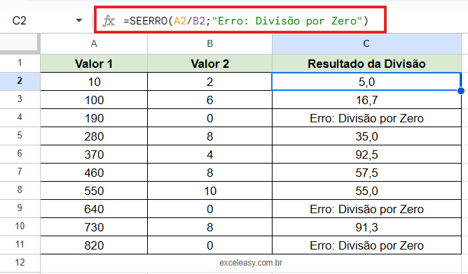 Tratamento de erros com SEERRO para fórmulas mais limpas Exemplo da função SEERRO tratando um erro de divisão por zero (DIV/0!) e exibindo uma mensagem amigável no Google Planilhas.