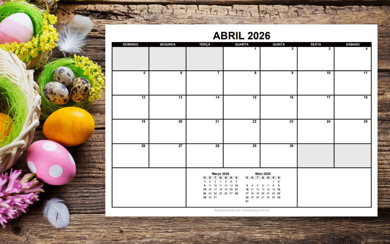 Calendário Abril 2026 Calendário do mês de abril de 2026 pronto para imprimir.