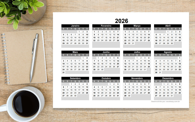 Calendário 2026 Anual Calendário anual 2026 completo para imprimir.