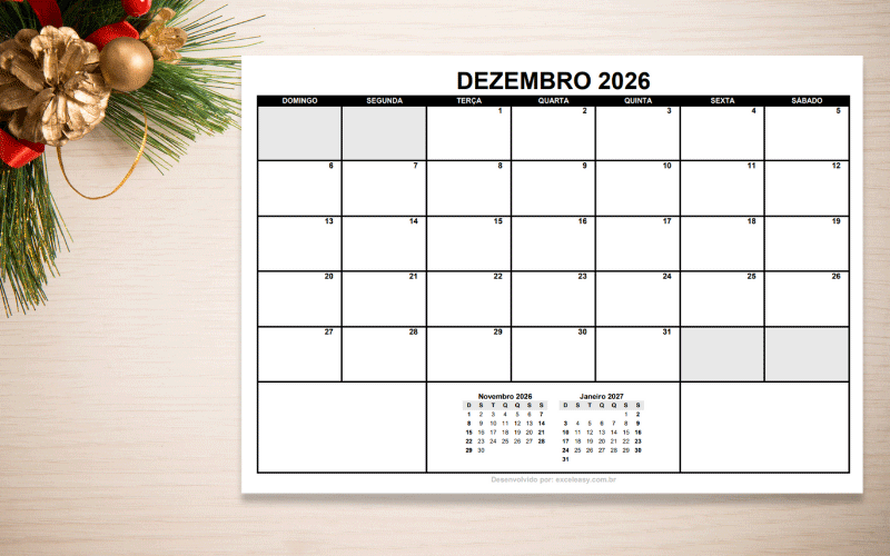 Calendário do mês de dezembro de 2026 para planejar férias e eventos. Calendário de Dezembro 2026 para baixar