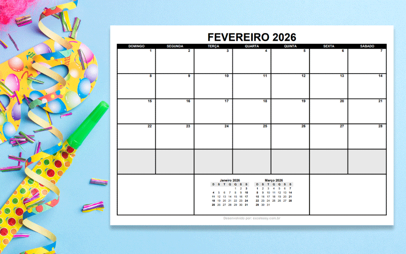 Calendário Fevereiro 2026 Calendário do mês de fevereiro de 2026 para impressão.