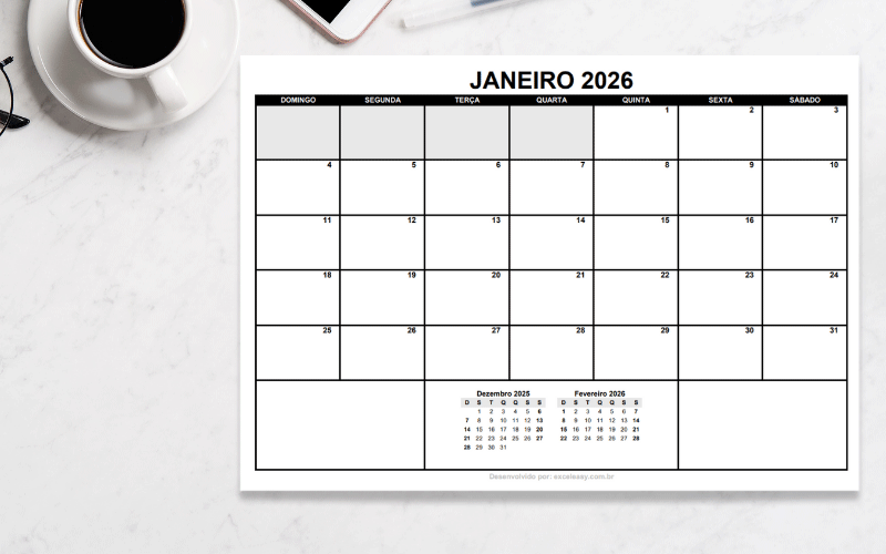 Calendário Janeiro 2026 Calendário do mês de janeiro de 2026 para imprimir