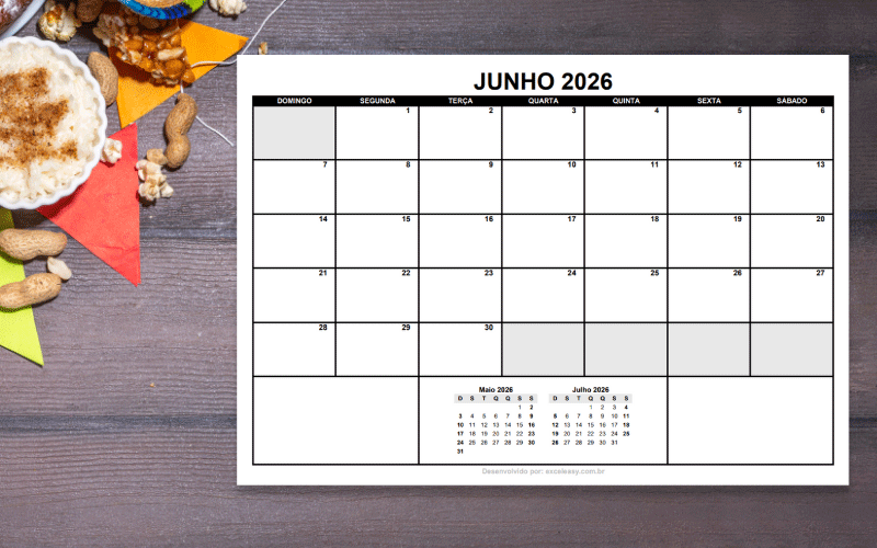 Calendário Junho 2026 Calendário do mês de junho de 2026 para anotações e planejamento.