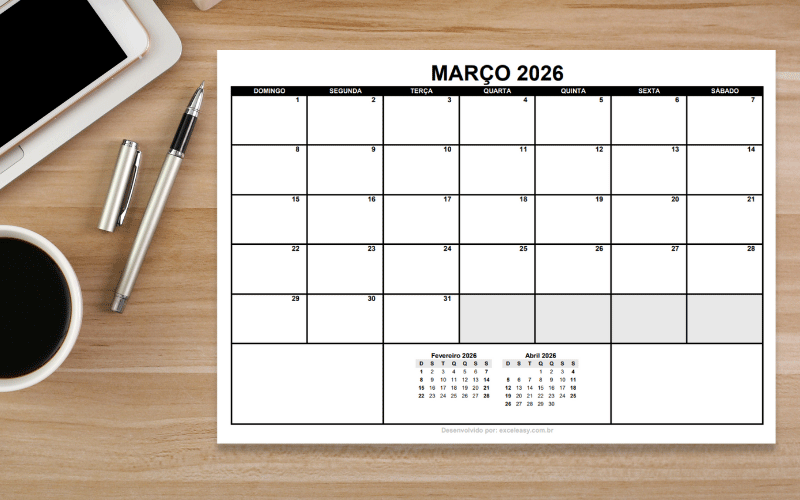 Calendário Março 2026 Calendário do mês de março de 2026 para organizar compromissos.