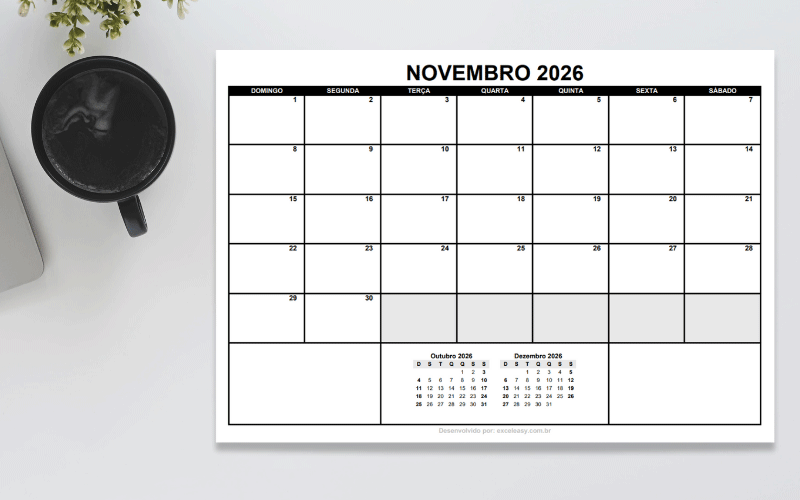 Calendário do mês de novembro de 2026 para imprimir. Calendário Novembro 2026