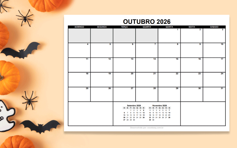 Calendário do mês de outubro de 2026 em formato para impressão. Calendário Outubro 2026