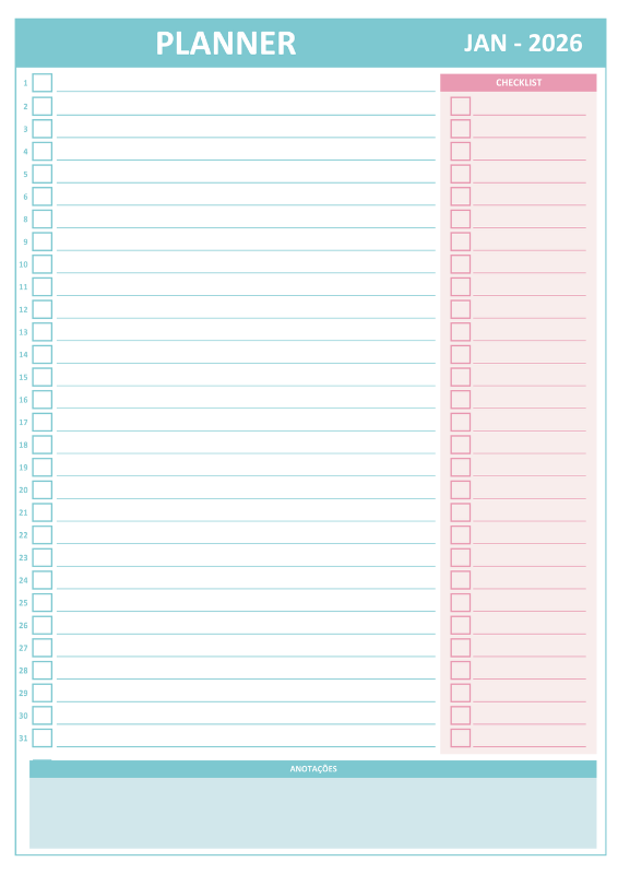 Planner 2026 para Imprimir — Modelo A4 com Checklist Planner 2026 para impressão no formato A4 — modelo com checklist e espaço para anotações