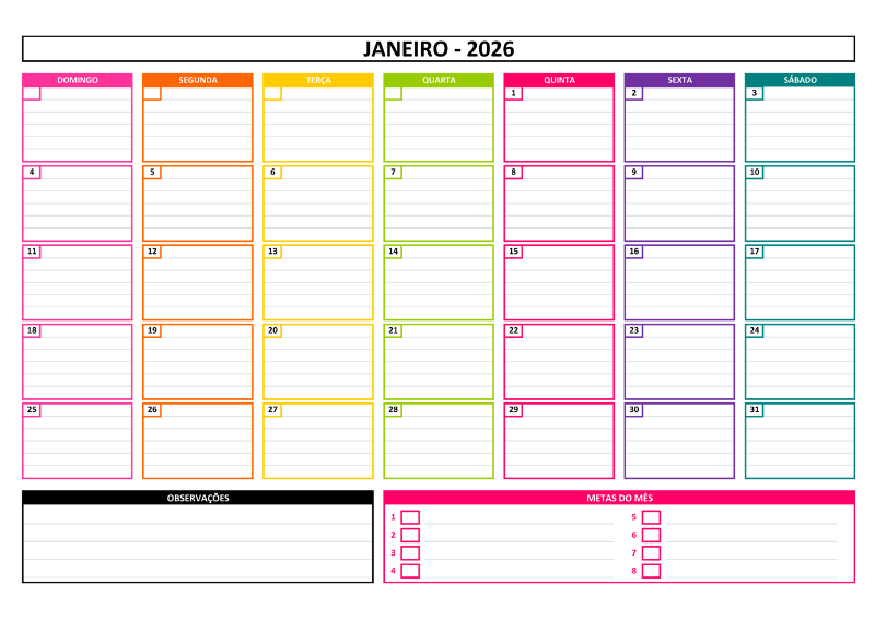 Planner 2026 para Imprimir — Modelo Mensal Colorido Planner Mensal 2026 colorido para imprimir — modelo gratuito em Excel e PDF