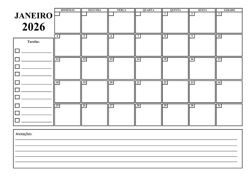 Planner 2026 para Imprimir — Versão Minimalista em Preto e Branco Planner Mensal 2026 para imprimir — modelo clean e minimalista em PDF e Excel