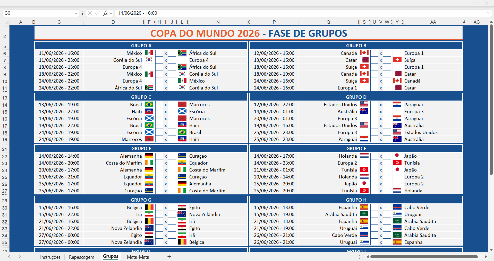 Tabela da Copa do Mundo 2026 - Fase de Grupos planilha da copa do mundo 2026 em excel fase de grupos