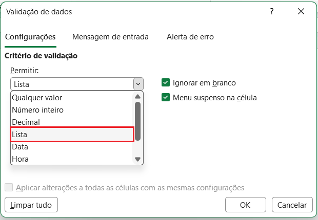 Lista suspensa de status no Excel