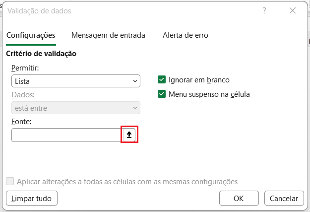 Validação de dados com opções