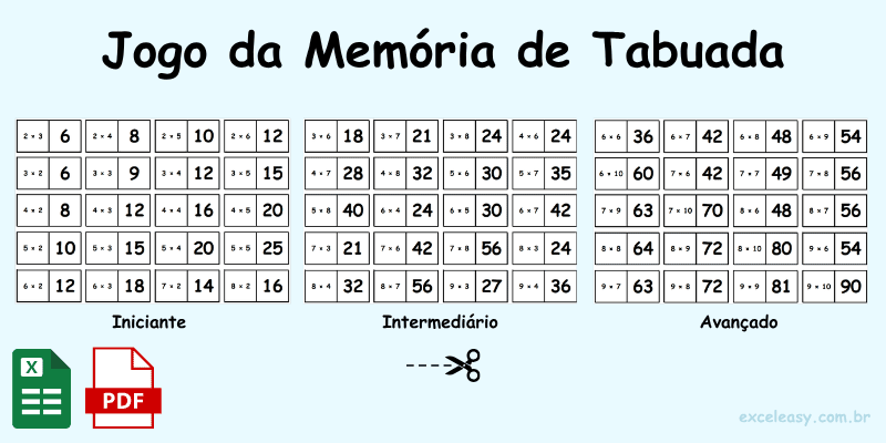 jogo da memória tabuada para imprimir com níveis iniciante intermediário e avançado