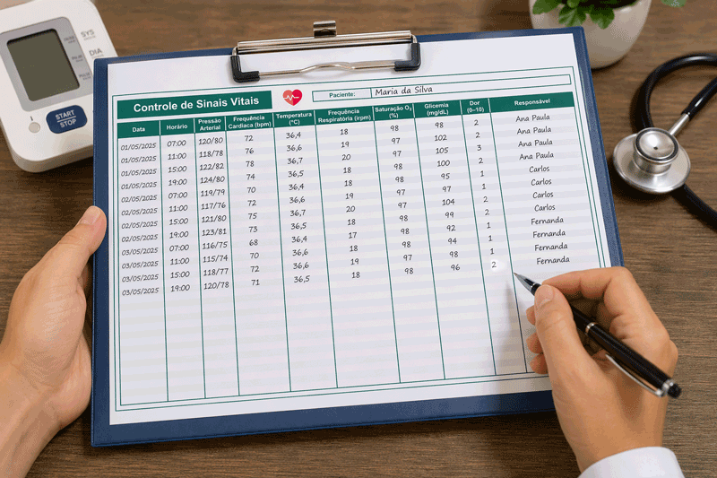 tabela de sinais vitais para imprimir preenchida com dados de exemplo