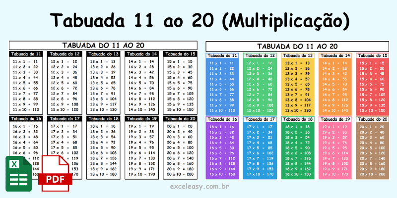 tabuada de multiplicação para impressão do 11 ao 20 nível intermediário