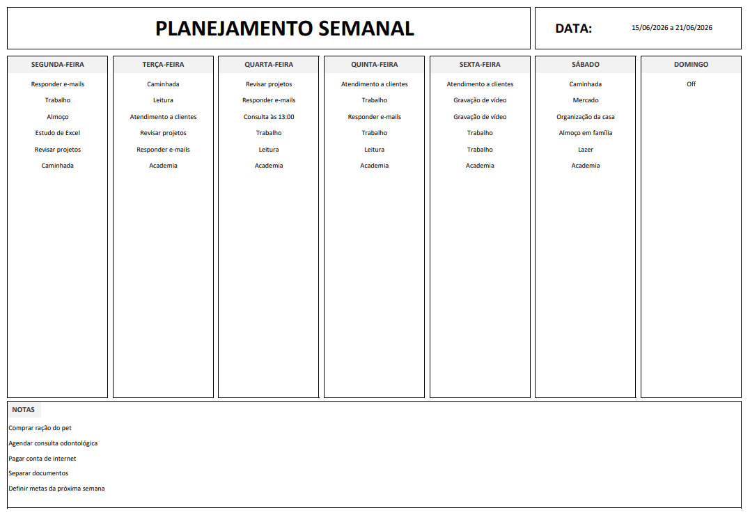 planejamento semanal excel