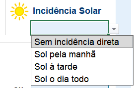 Opções de incidência solar utilizadas no cálculo de BTUs