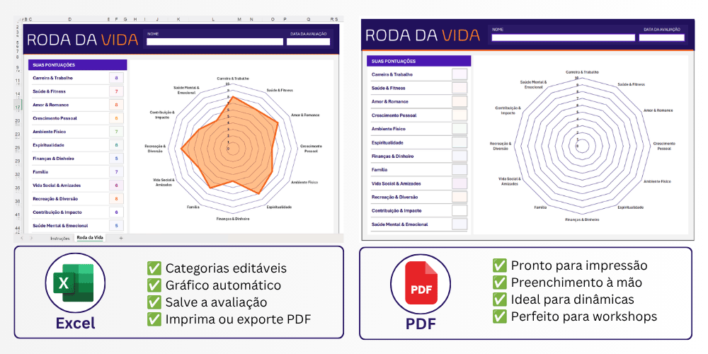 Roda da Vida PDF para imprimir e Excel para editar