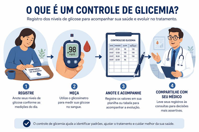 Ilustração mostrando como funciona o controle de glicemia: paciente, glicosímetro, tabela de registro e médico